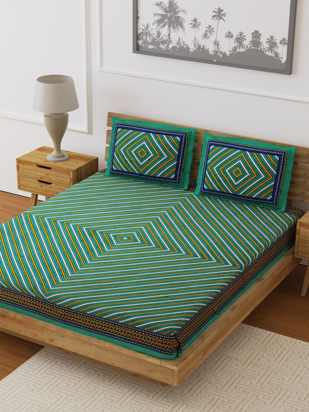 

LIVING ROOTS Green & White Geometric 210 TC Cotton 1 Queen Bedsheet with 2 Pillow Covers