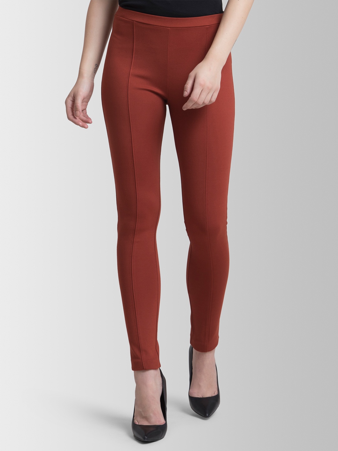 

FableStreet Women Rust Solid Skinny Fit Treggings