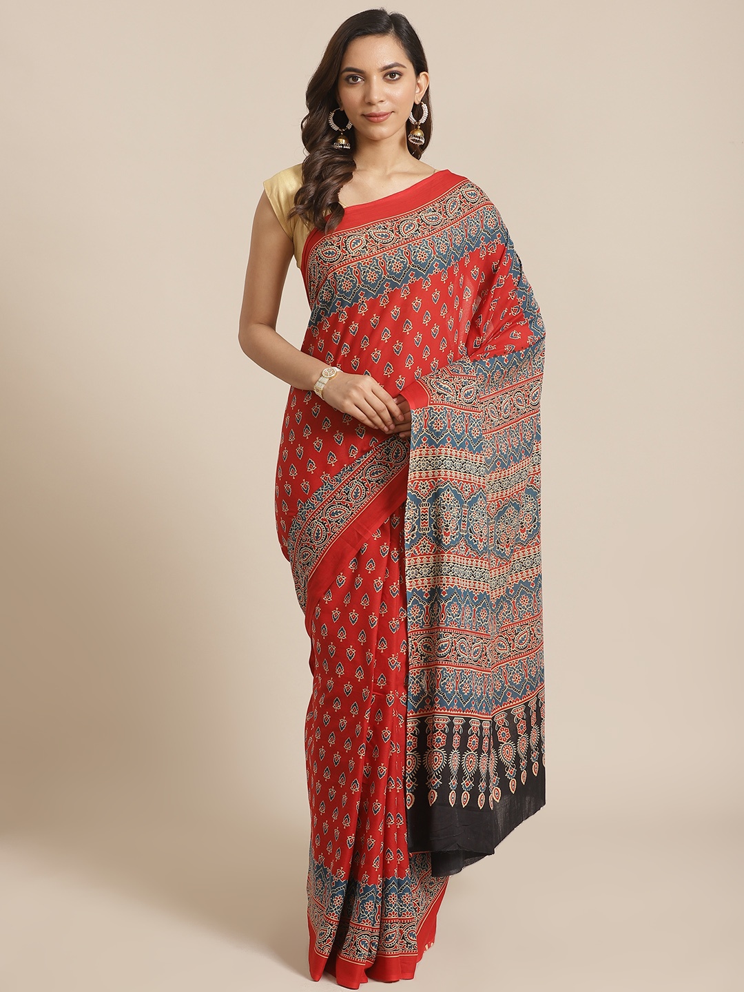 

Libas Red & Blue Pure Cotton Printed Saree