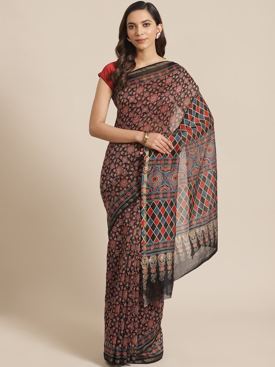 

Libas Navy Blue & Red Ethnic Motifs Print Saree