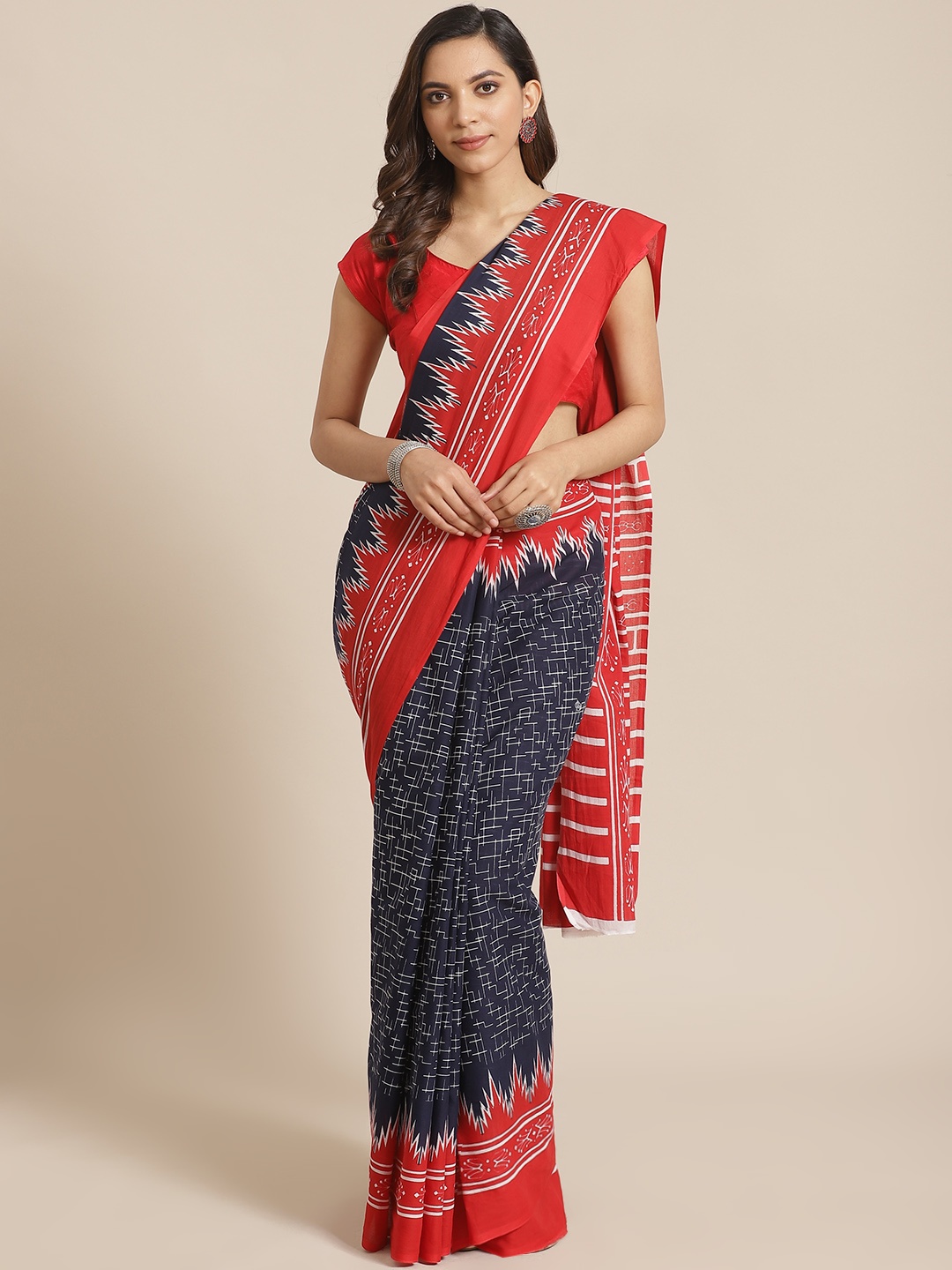 

Libas Navy Blue & Red Pure Cotton Printed Saree
