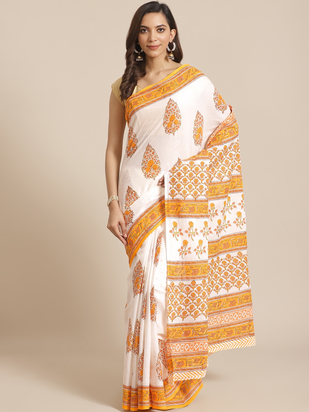 

Libas White & Yellow Pure Cotton Ethnic Motif Print Saree