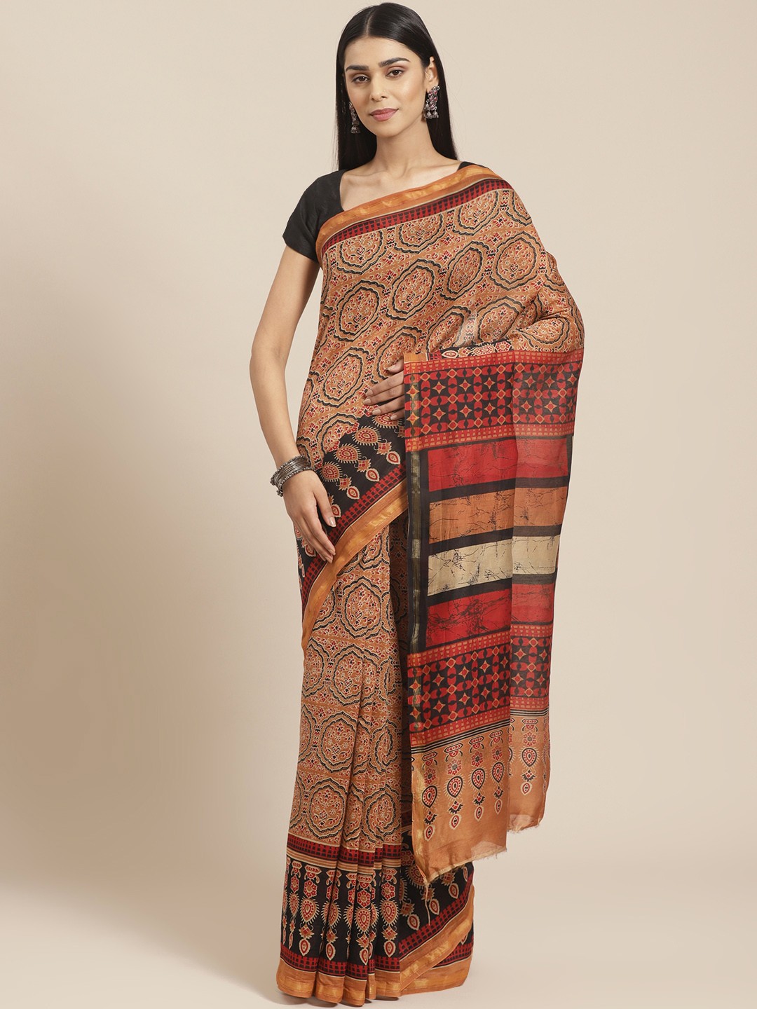 

Libas Coral Orange & Black Ethnic Motif Print Saree