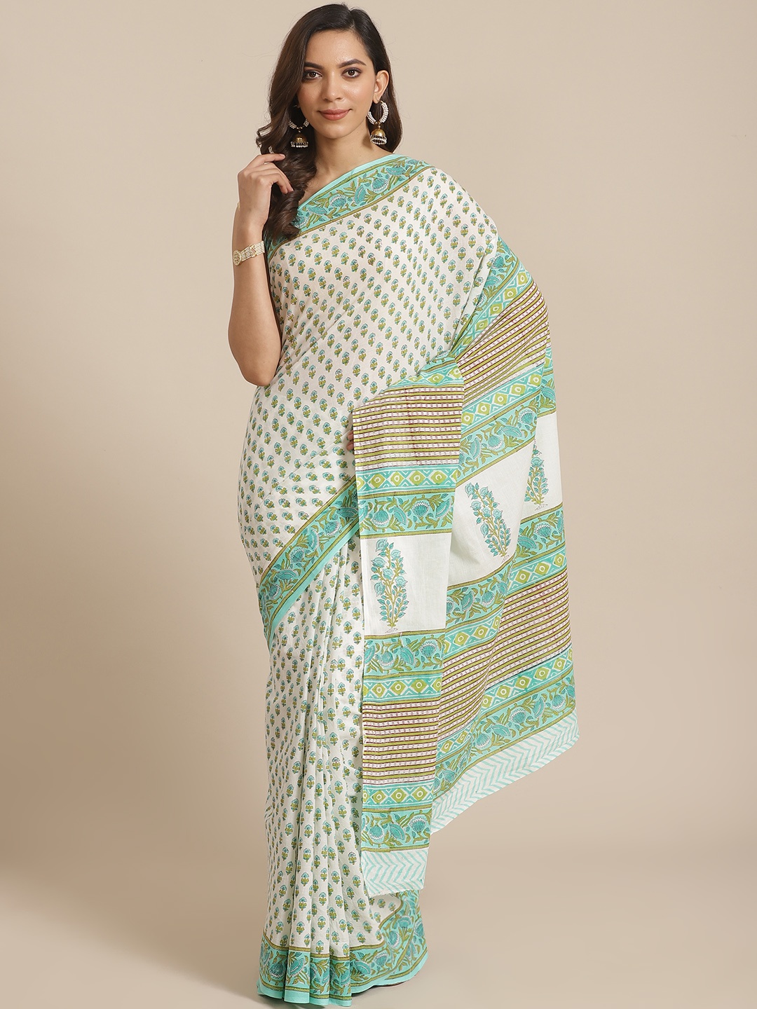 

Libas White & Green Pure Cotton Floral Print Saree