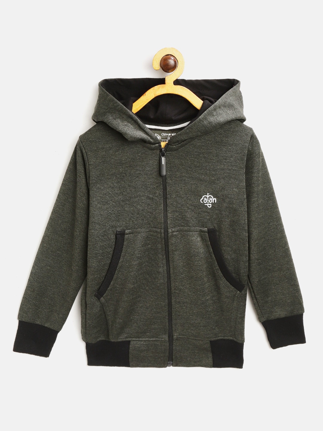 

CHIMPRALA Kids Olive Green Solid Antimicrobial Hooded Sweatshirt