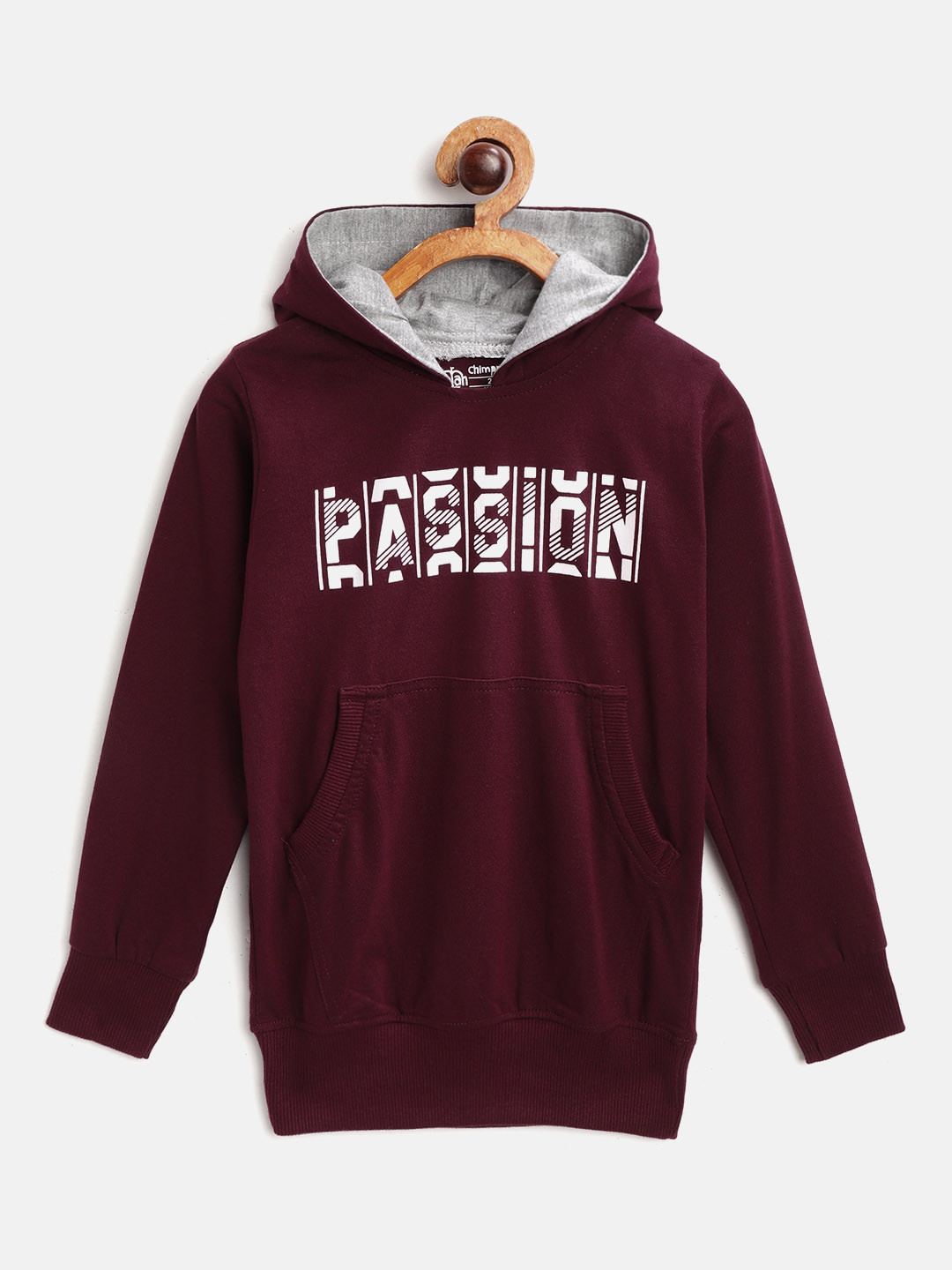 

CHIMPRALA Kids Burgundy & White Typography Print Cotton Hooded Antimicrobial Sweatshirt