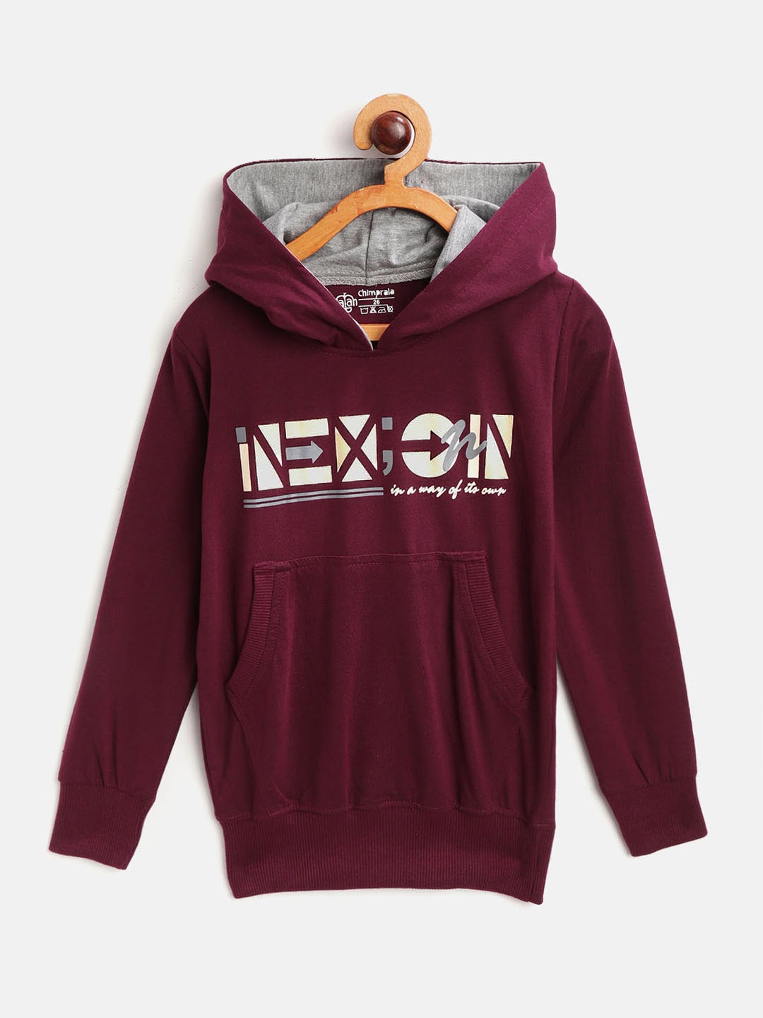 

CHIMPRALA Kids Burgundy & Off-White Printed Antimicrobial Cotton Hooded Sweatshirt