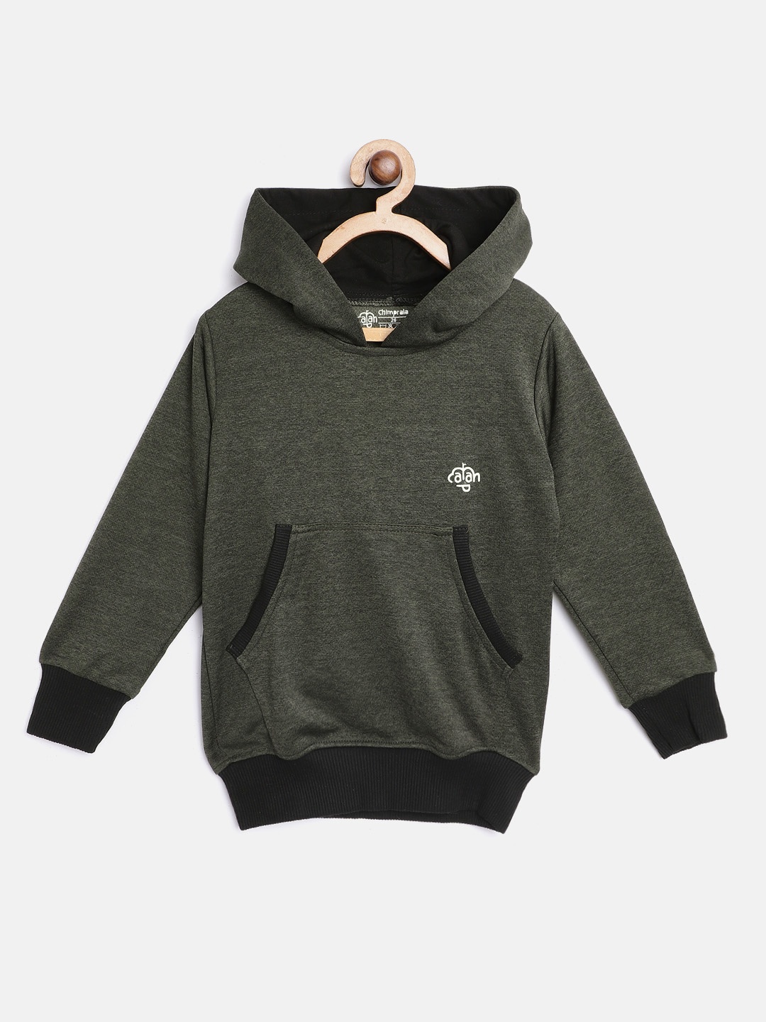 

CHIMPRALA Kids Olive Green Pure Cotton Solid Hooded Sweatshirt