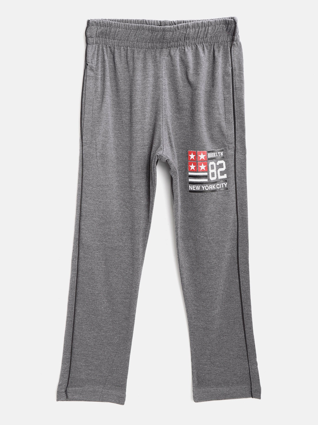 

CHIMPRALA Kids Charcoal Grey Solid Cotton Antimicrobial Track Pants with Printed Detail