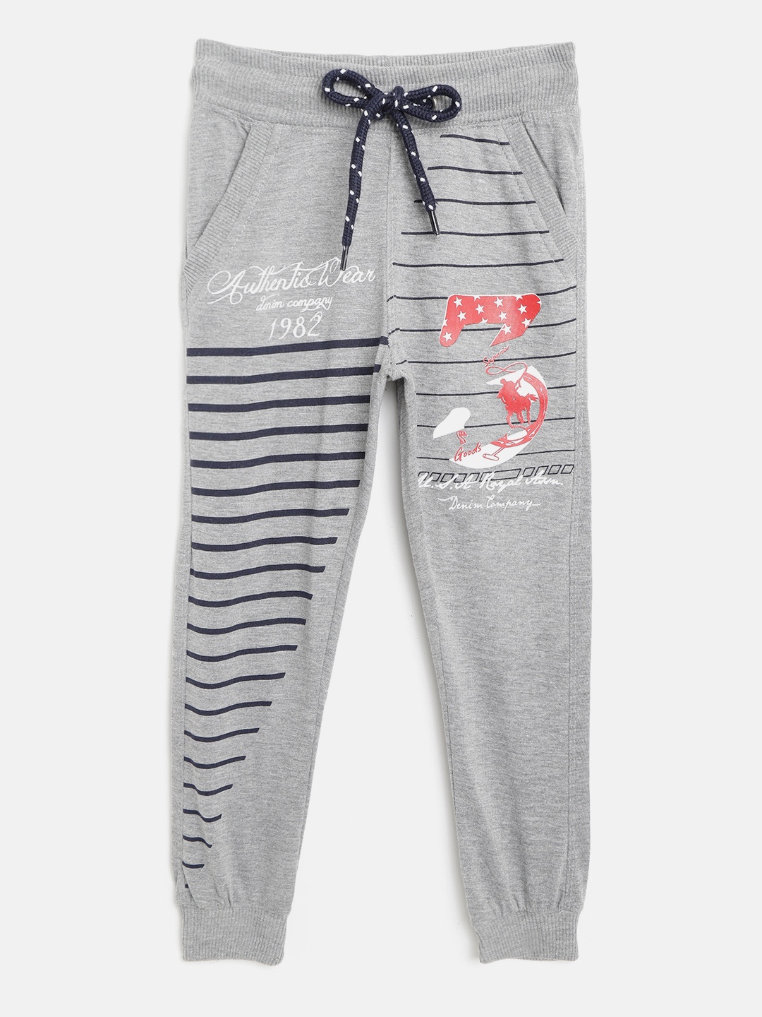 

CHIMPRALA Kids Grey Melange & Navy Blue Striped Cotton Antimicrobial Joggers