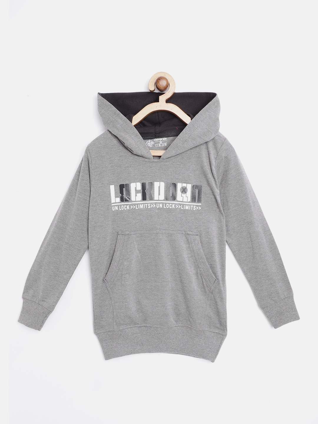 

CHIMPRALA Kids Grey Melange & White Printed Antimicrobial Cotton Hooded Sweatshirt