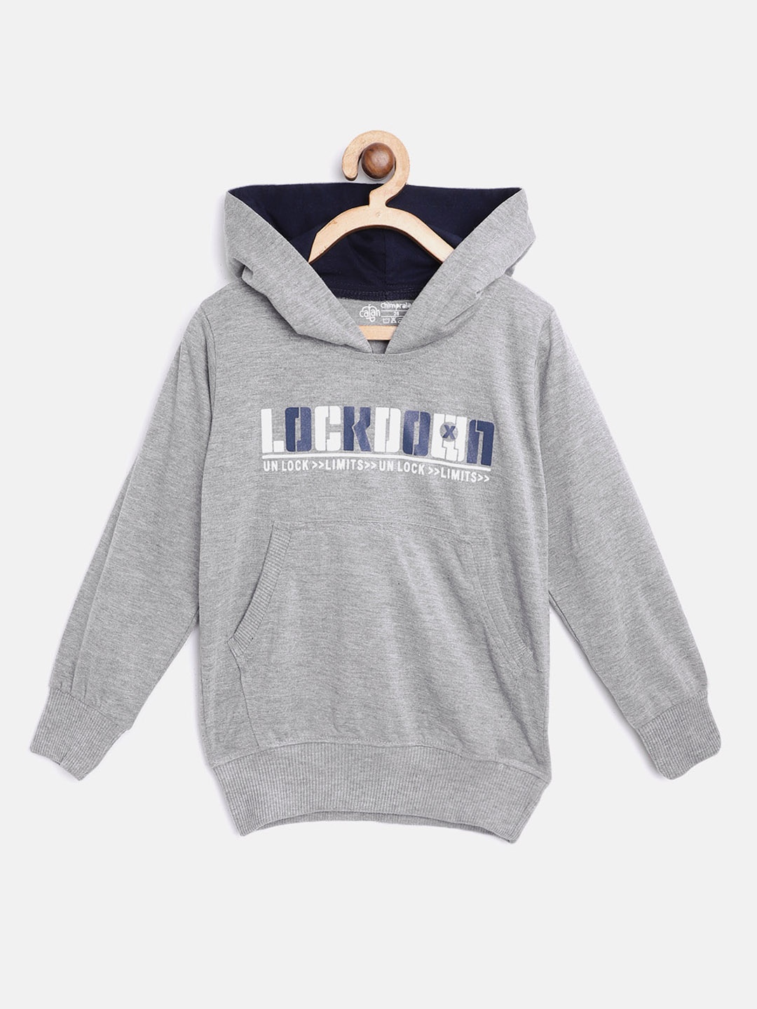 

CHIMPRALA Kids Grey Melange & White Printed Antimicrobial Cotton Hooded Sweatshirt