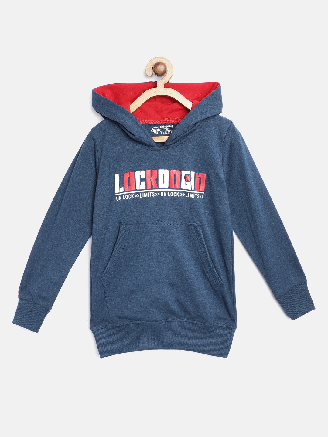 

CHIMPRALA Kids Teal Blue & White Typography Print Cotton Hooded Antimicrobial Sweatshirt