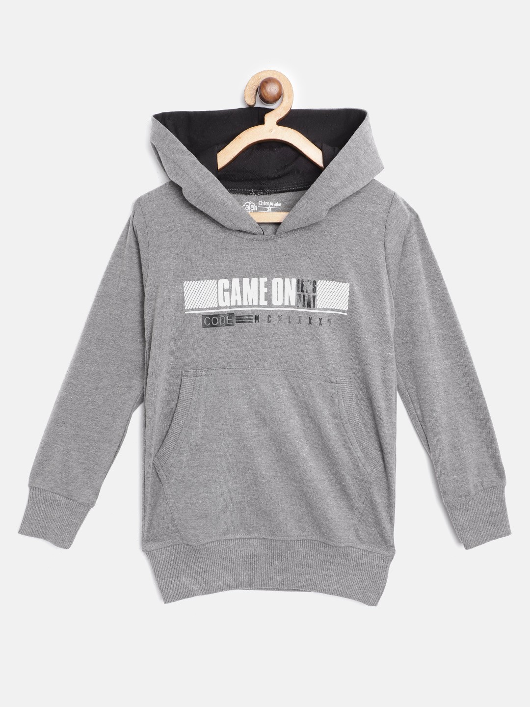 

CHIMPRALA Kids Grey Melange & White Printed Cotton Hooded Antimicrobial Sweatshirt
