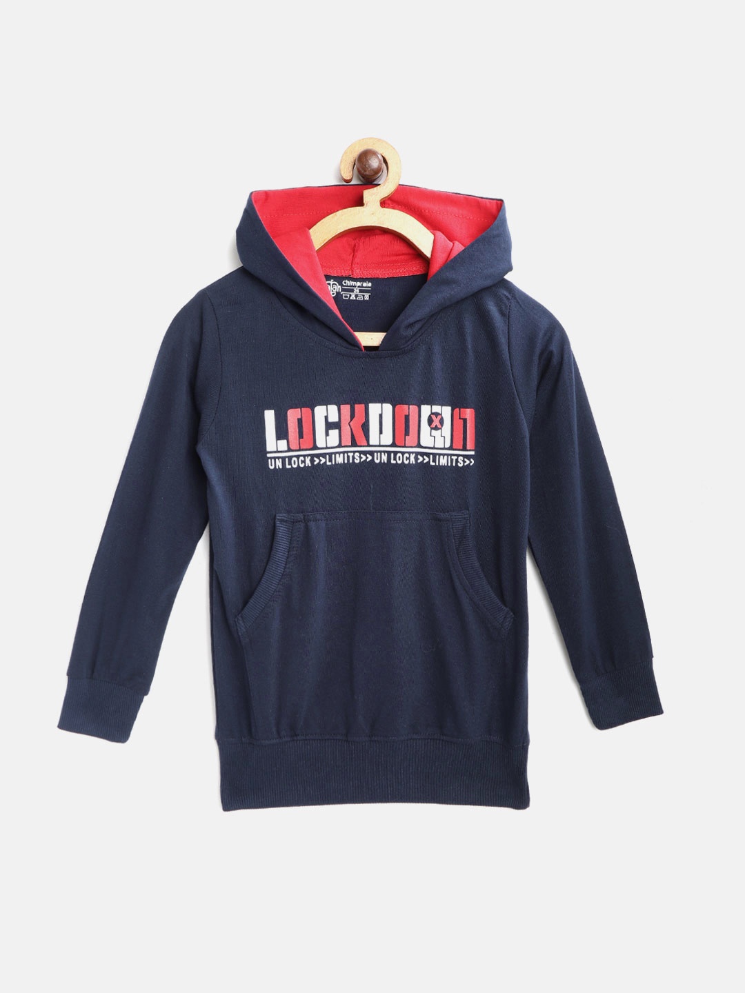 

CHIMPRALA Kids Navy Blue & White Typography Printed Antimicrobial Hooded Sweatshirt