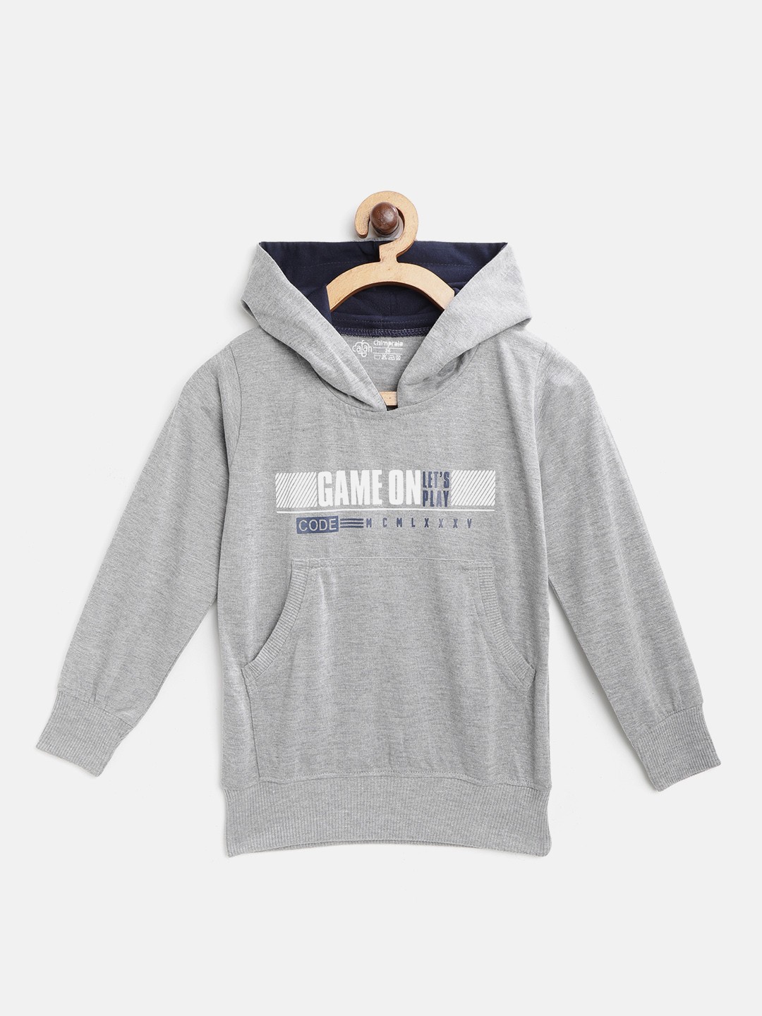 

CHIMPRALA Kids Grey Melange Pure Cotton Printed Hooded Sweatshirt
