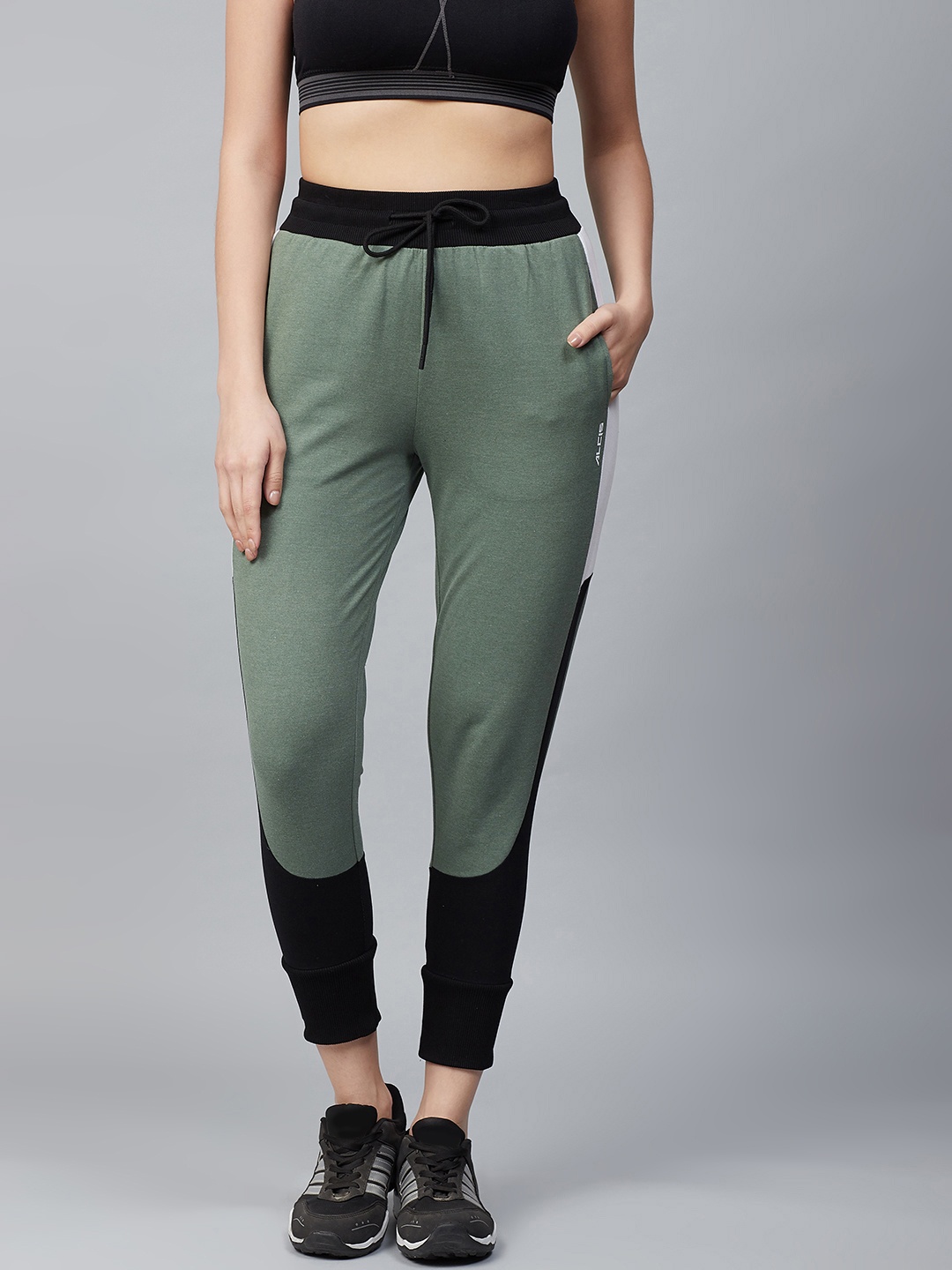 

Alcis Women Olive Green & Black Solid Joggers