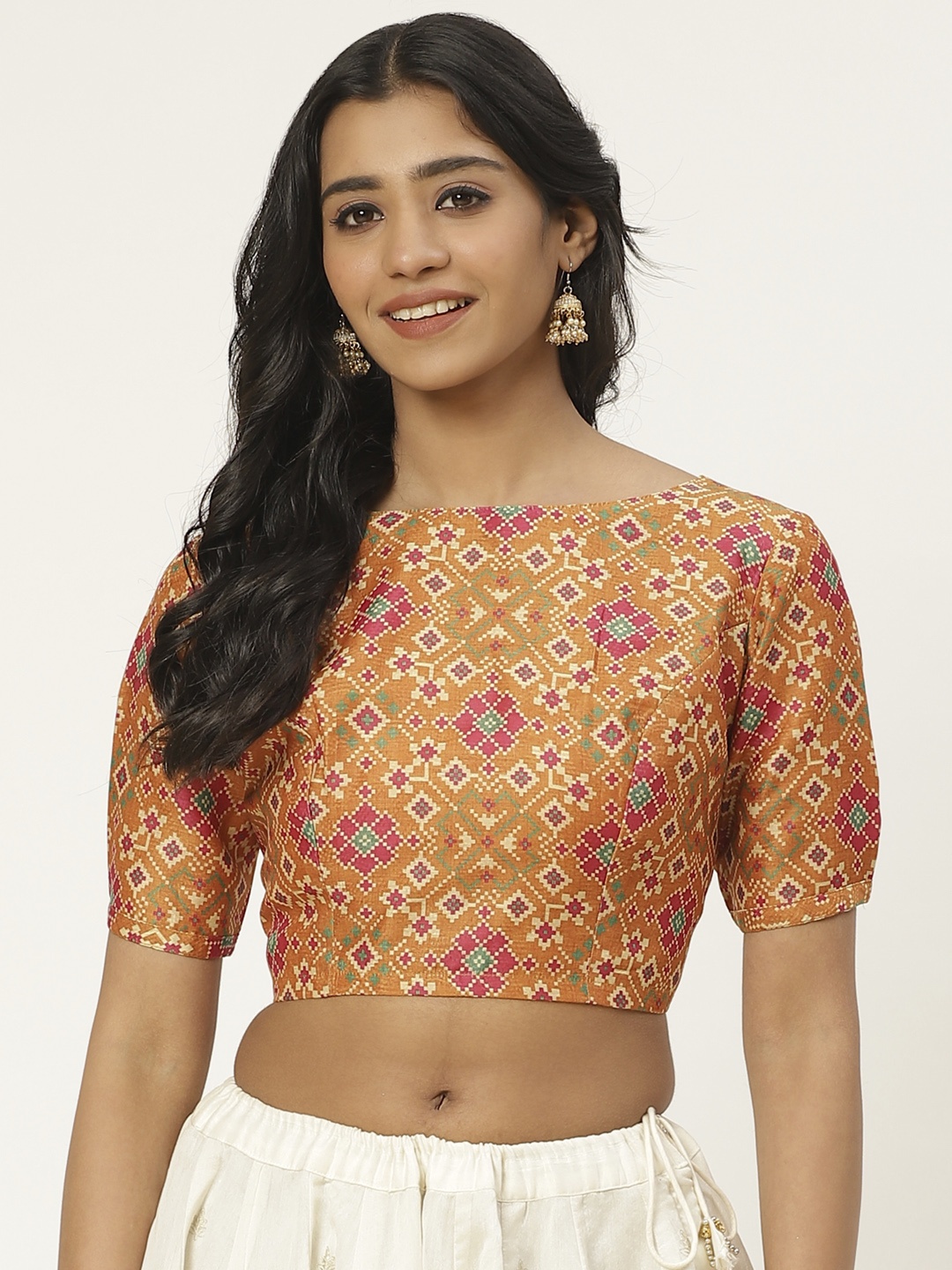 

Studio Shringaar Women Mustard Brown & Pink Patola Print Saree Blouse
