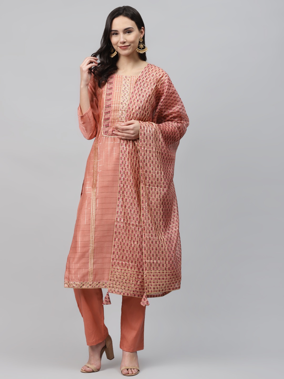 

Readiprint Fashions Peach-Coloured Checked Unstitched Dress Material
