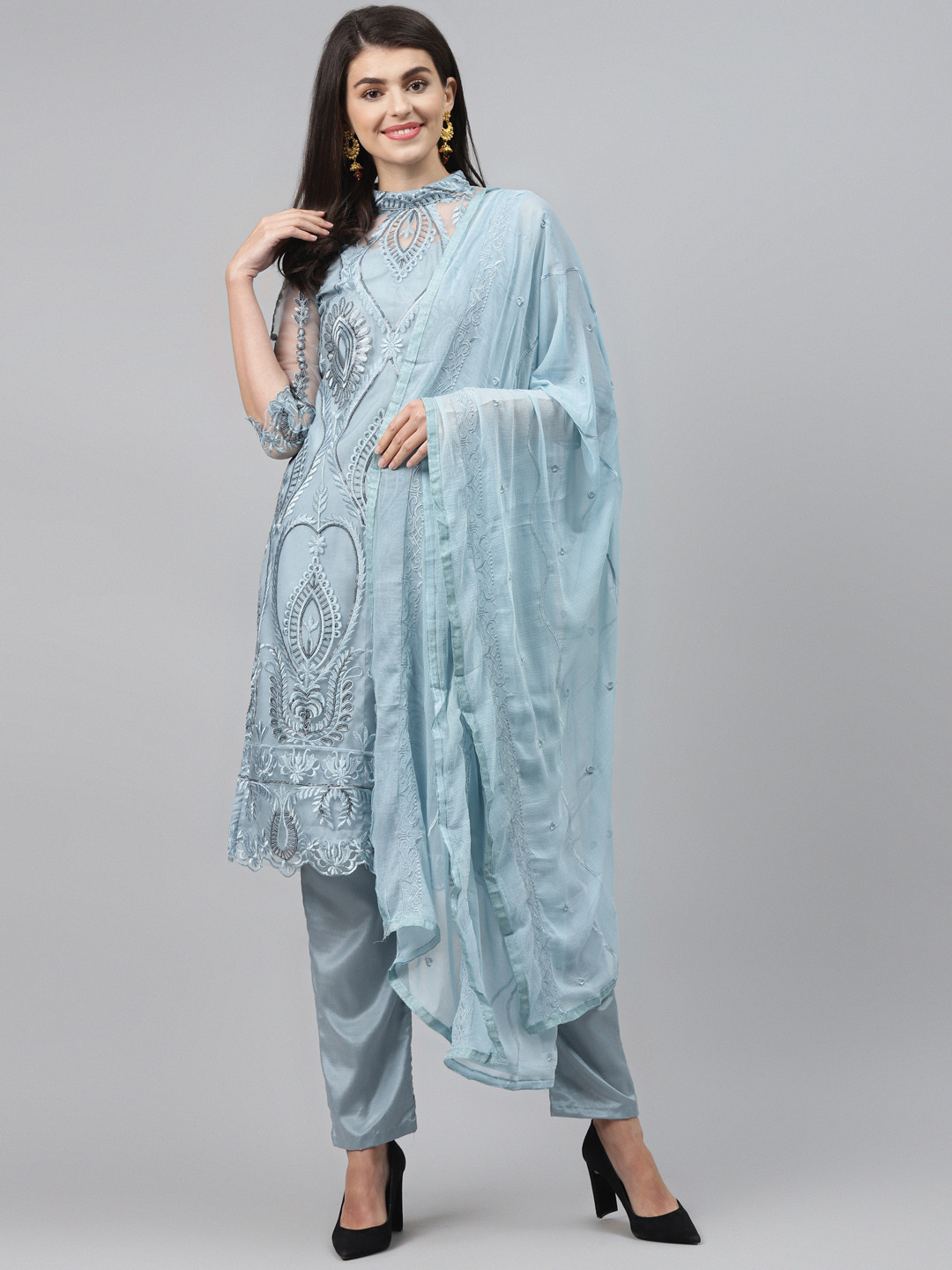 

Readiprint Fashions Blue Net Embroidered Semi-Stitched Dress Material