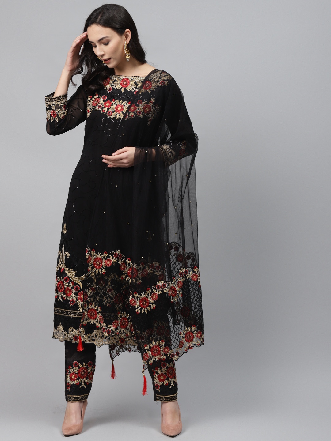 

Readiprint Fashions Black & Red Embellished Semi-Stitched Dress Material