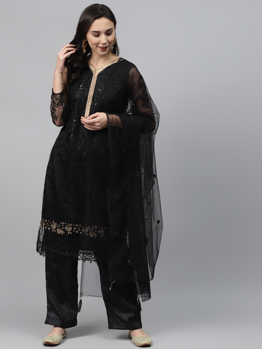 

Readiprint Fashions Black Embroidered Net Unstitched Dress Material With Sequins Detail