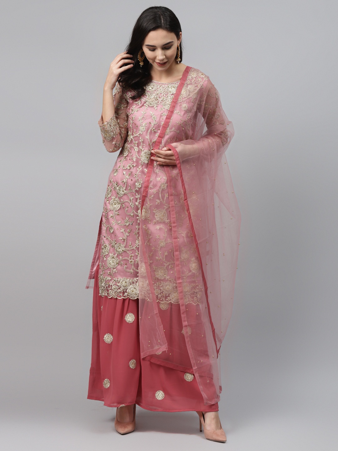

Readiprint Fashions Pink & Golden Embroidered Net Semi-Stitched Dress Material