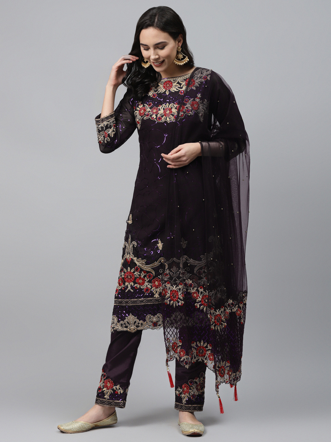 

Readiprint Fashions Aubergine & Golden Sequined Semi-Stitched Dress Material, Purple