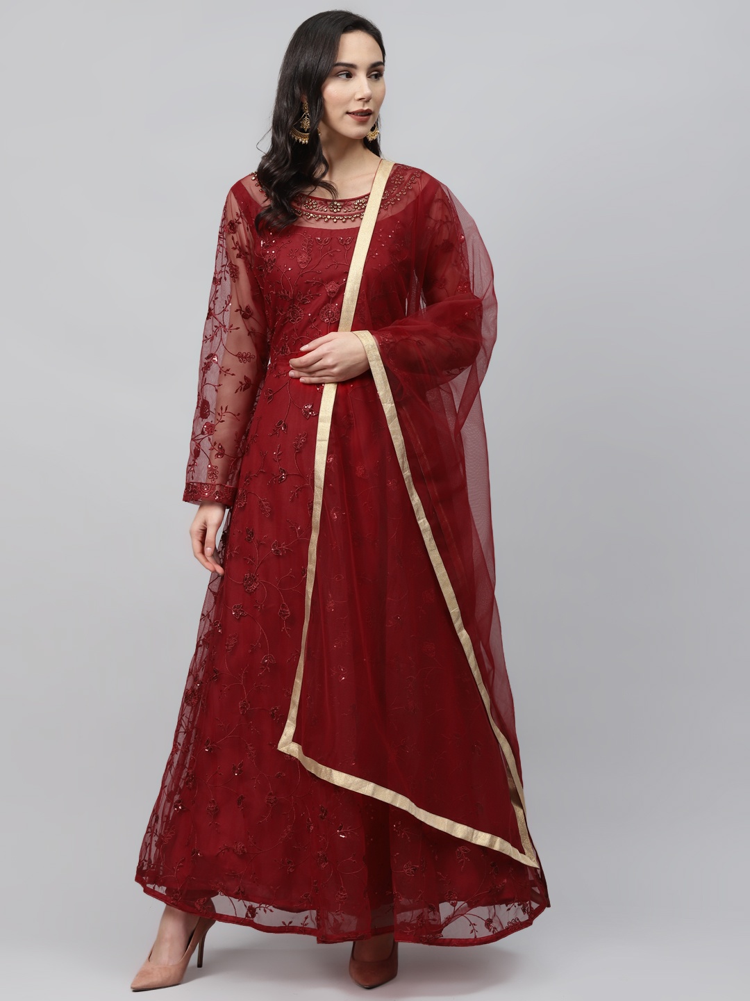 

Readiprint Fashions Maroon Net Semi-Stitched Resham Embroidered Dress Material