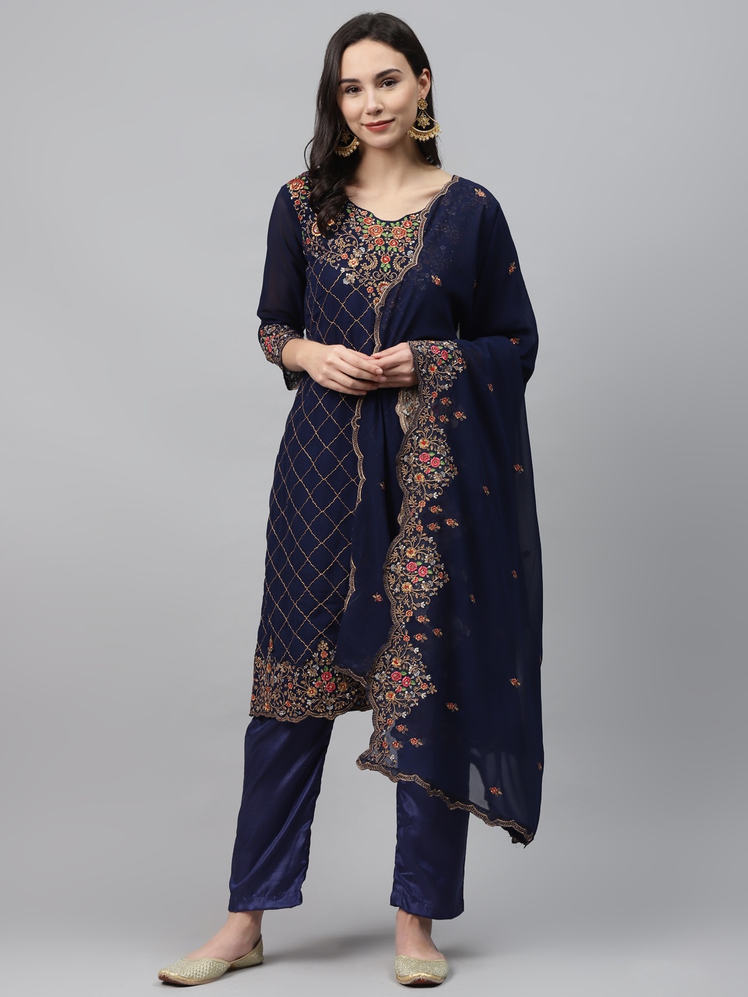 

Readiprint Fashions Navy Blue & Golden Reham Embroidered Semi-Stitched Dress Material