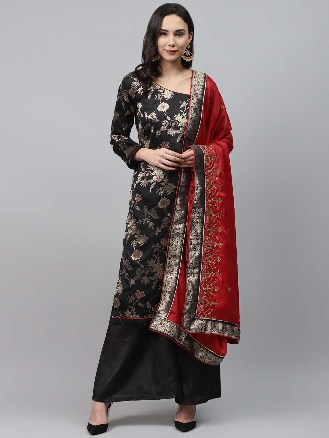 

Readiprint Fashions Black & Golden Art Silk Semi-Stitched Dress Material
