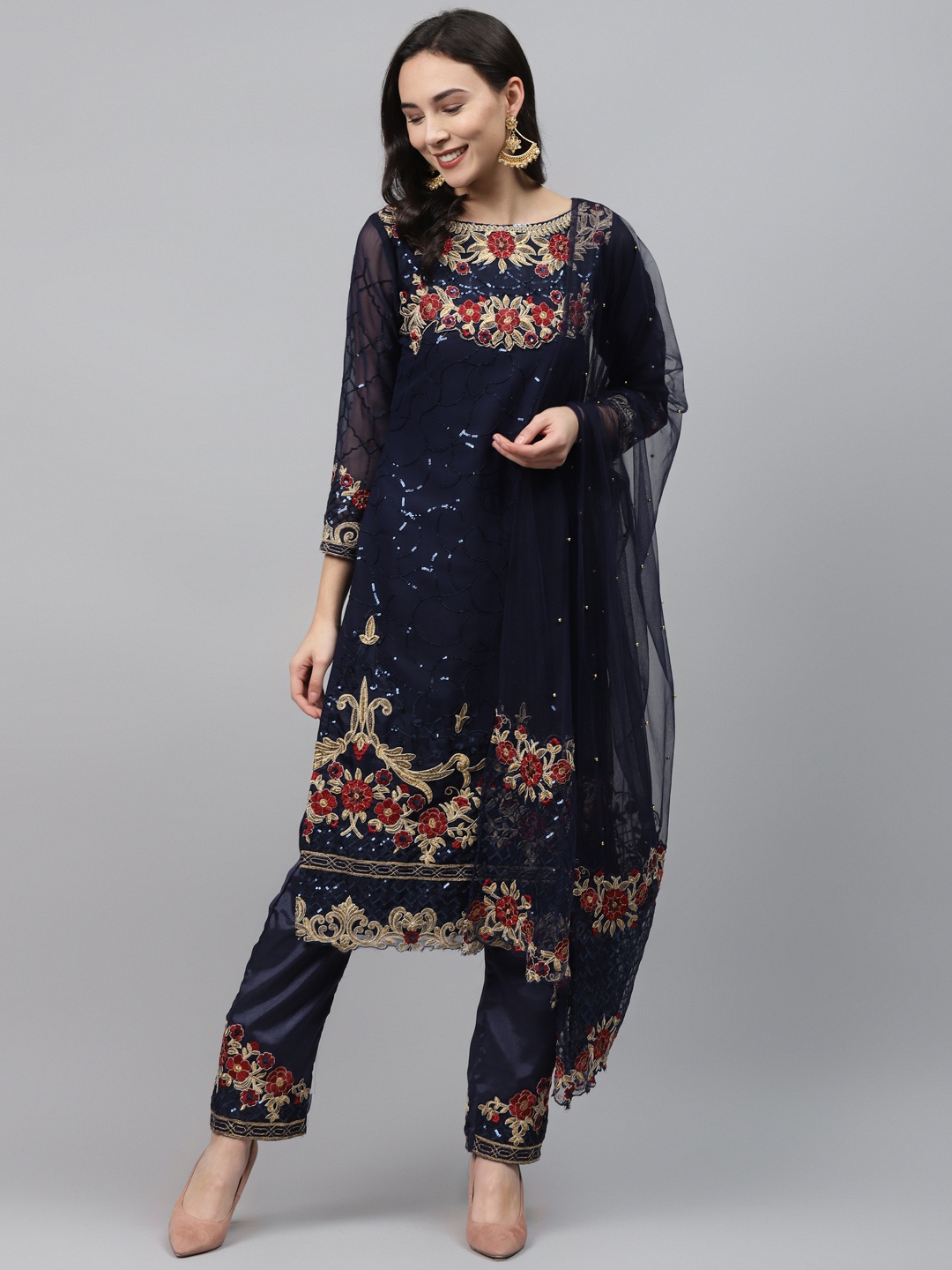 

Readiprint Fashions Navy Blue & Red Poly Georgette Semi-Stitched Dress Material