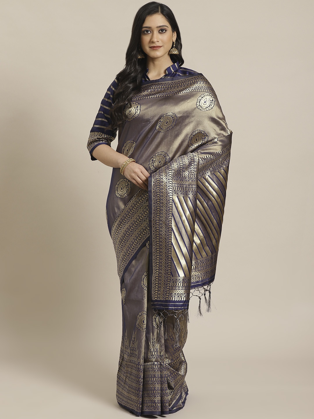 

Readiprint Fashions Golden & Navy Blue Woven Design Kanjeevaram Saree, Gold