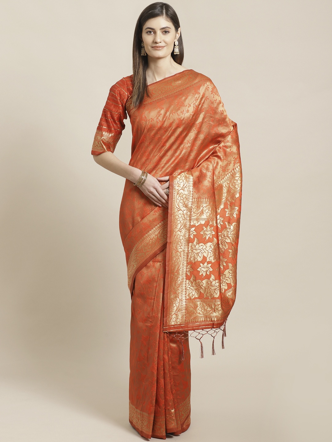 

Readiprint Fashions Rust Orange & Golden Woven Design Kanjeevaram Saree