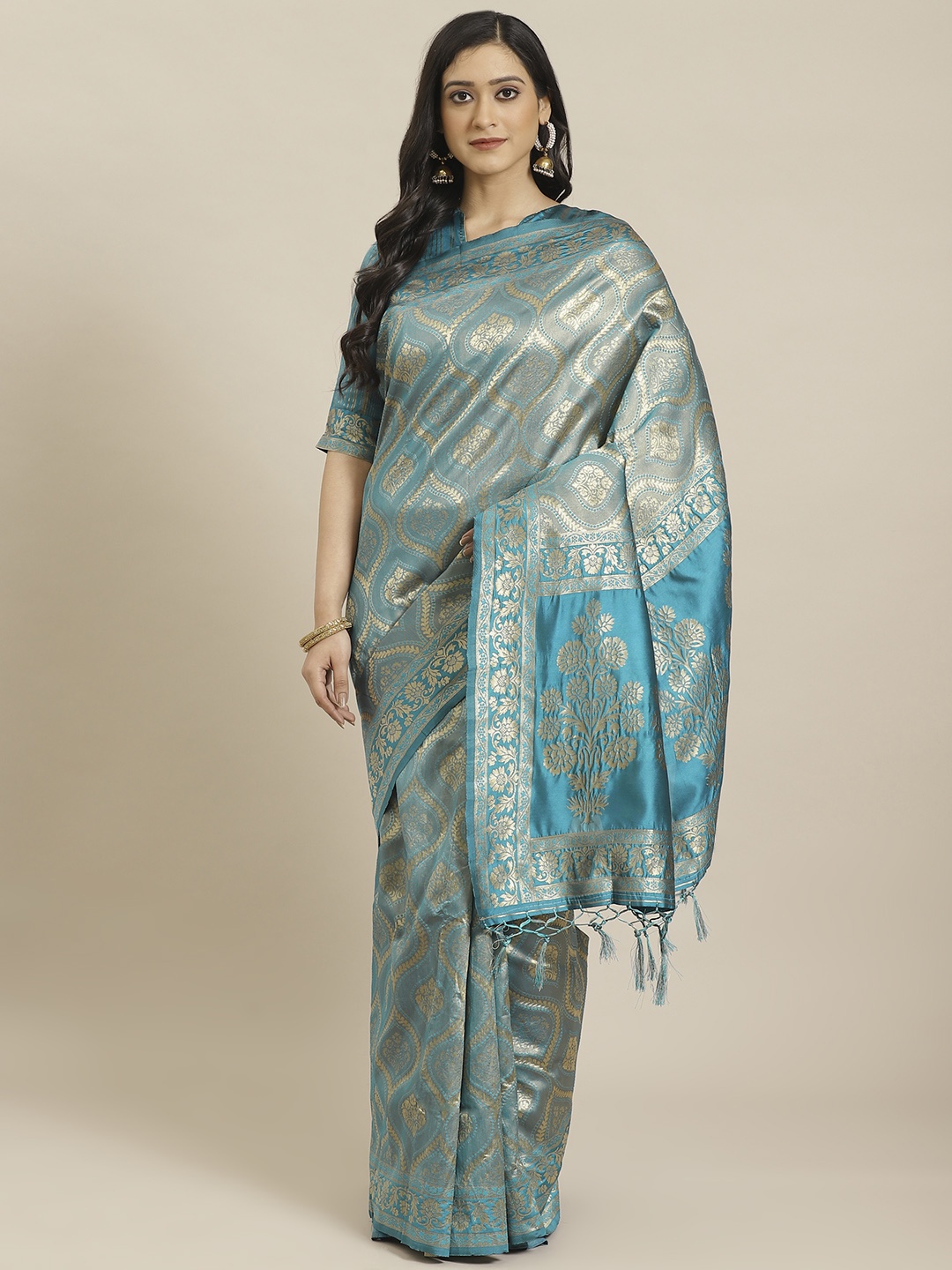 

Readiprint Fashions Blue & Golden Woven Design Kanjeevaram Saree