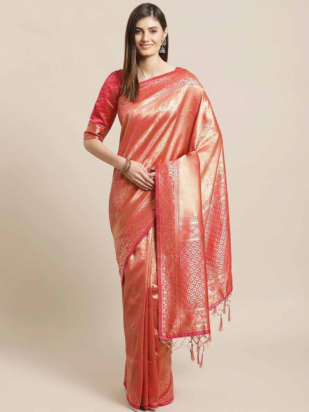 

Readiprint Fashions Pink & Golden Woven Design Kanjeevaram Saree