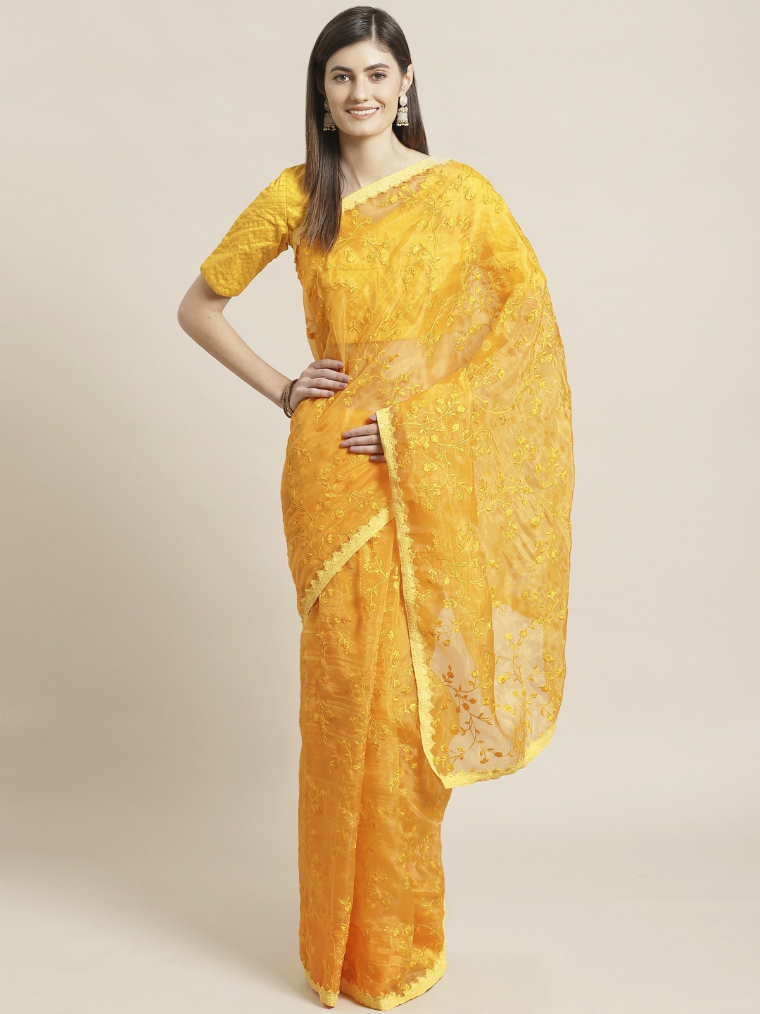 

Readiprint Fashions Mustard Yellow Floral Embroidered Saree