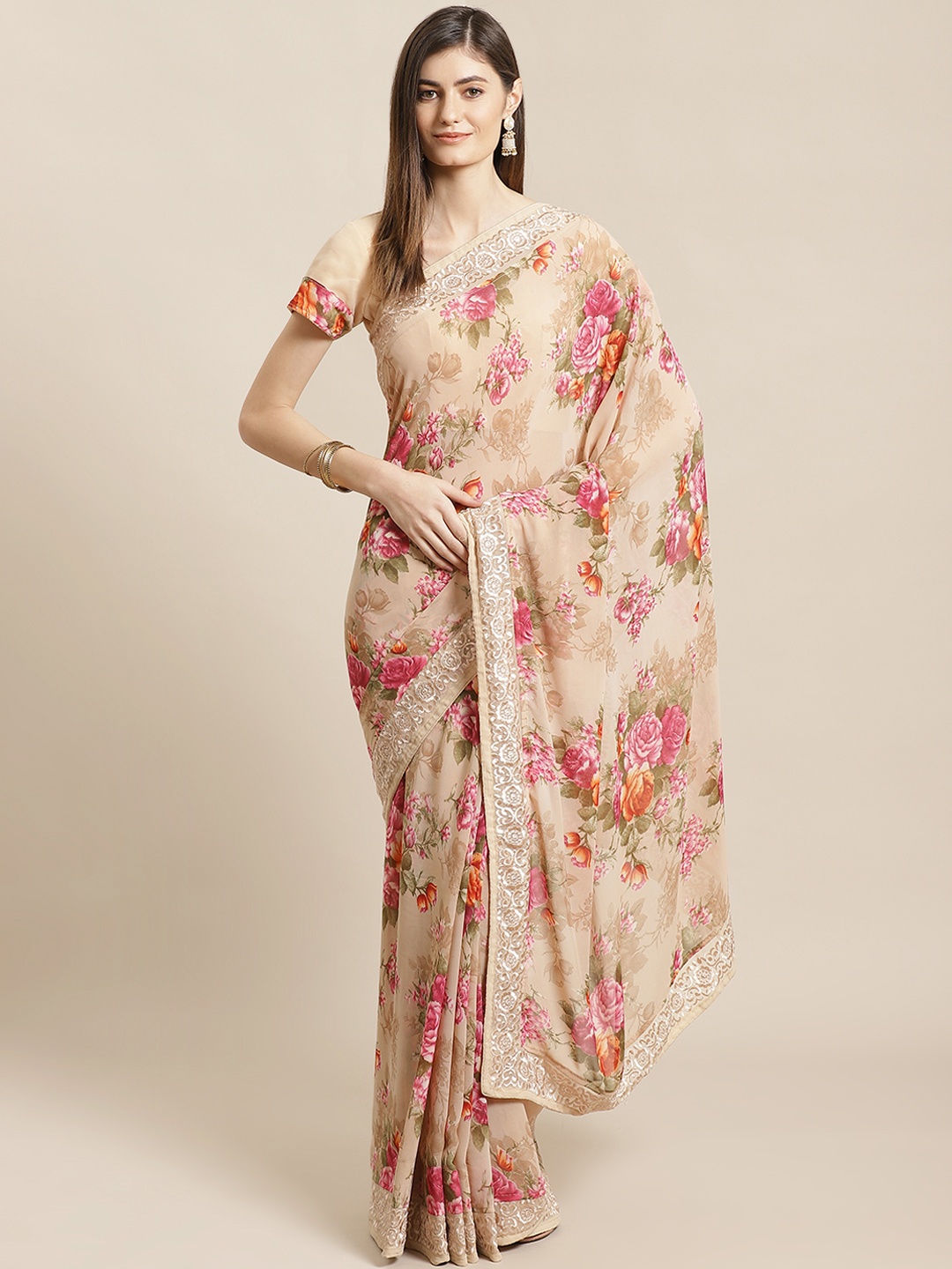 

Readiprint Fashions Beige & Pink Floral Printed Saree