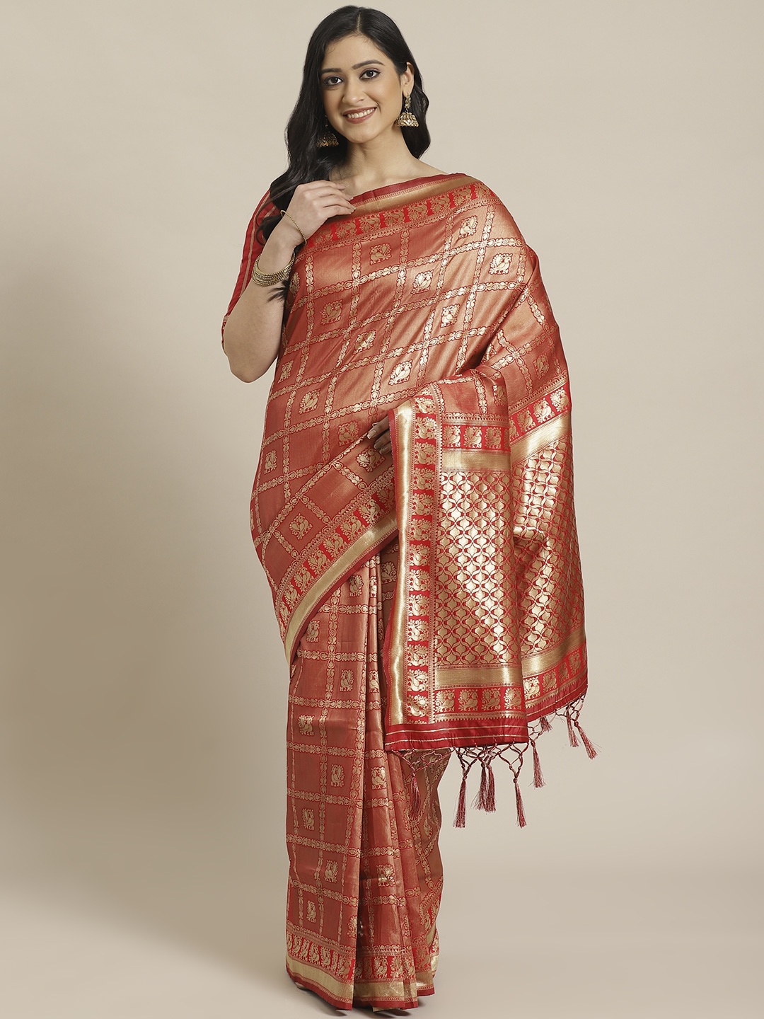 

Readiprint Fashions Rust Red & Golden Woven Design Kanjeevaram Saree