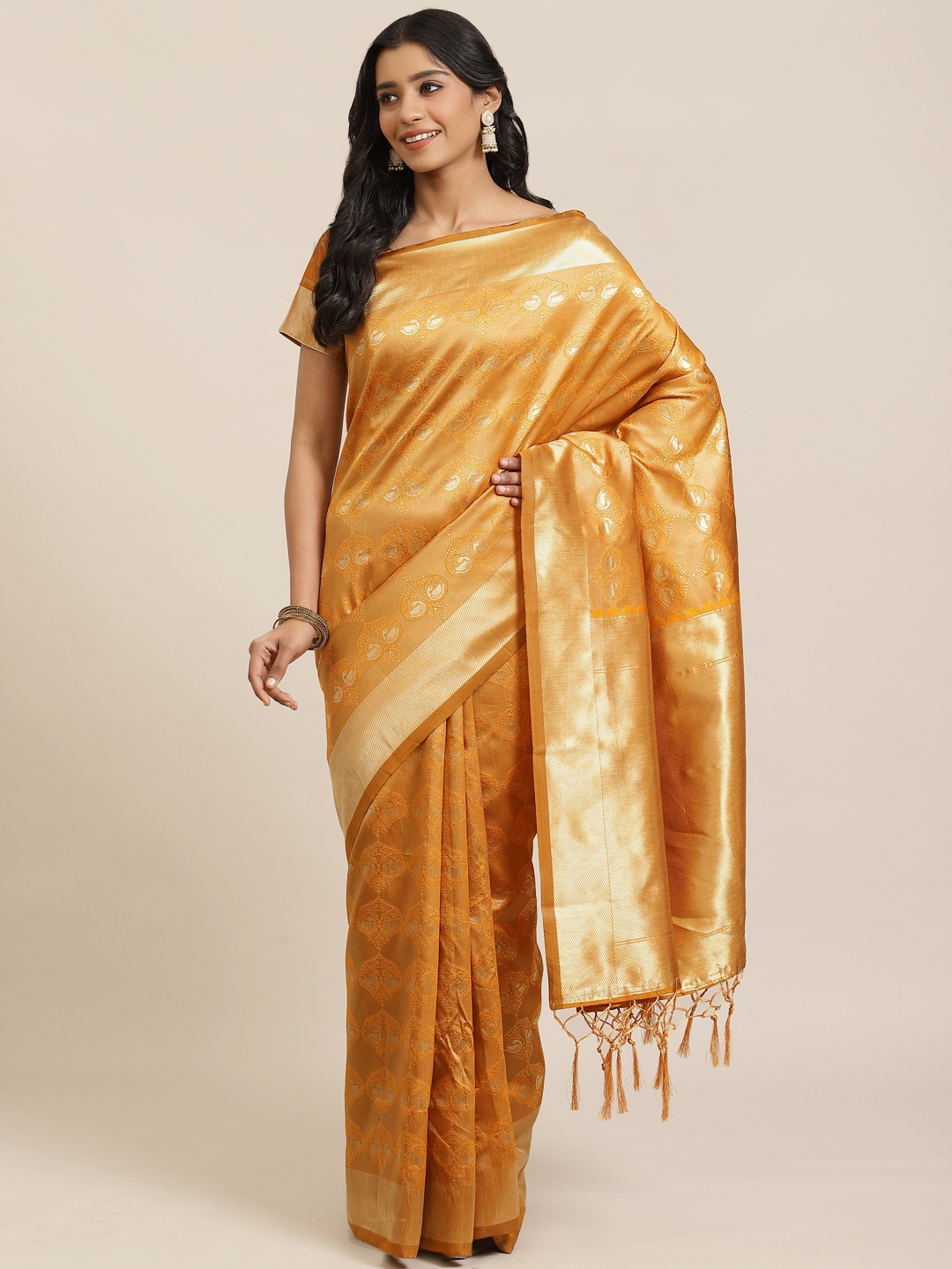 

Readiprint Fashions Golden & Mustard Yellow Woven Design Kanjeevaram Saree, Gold