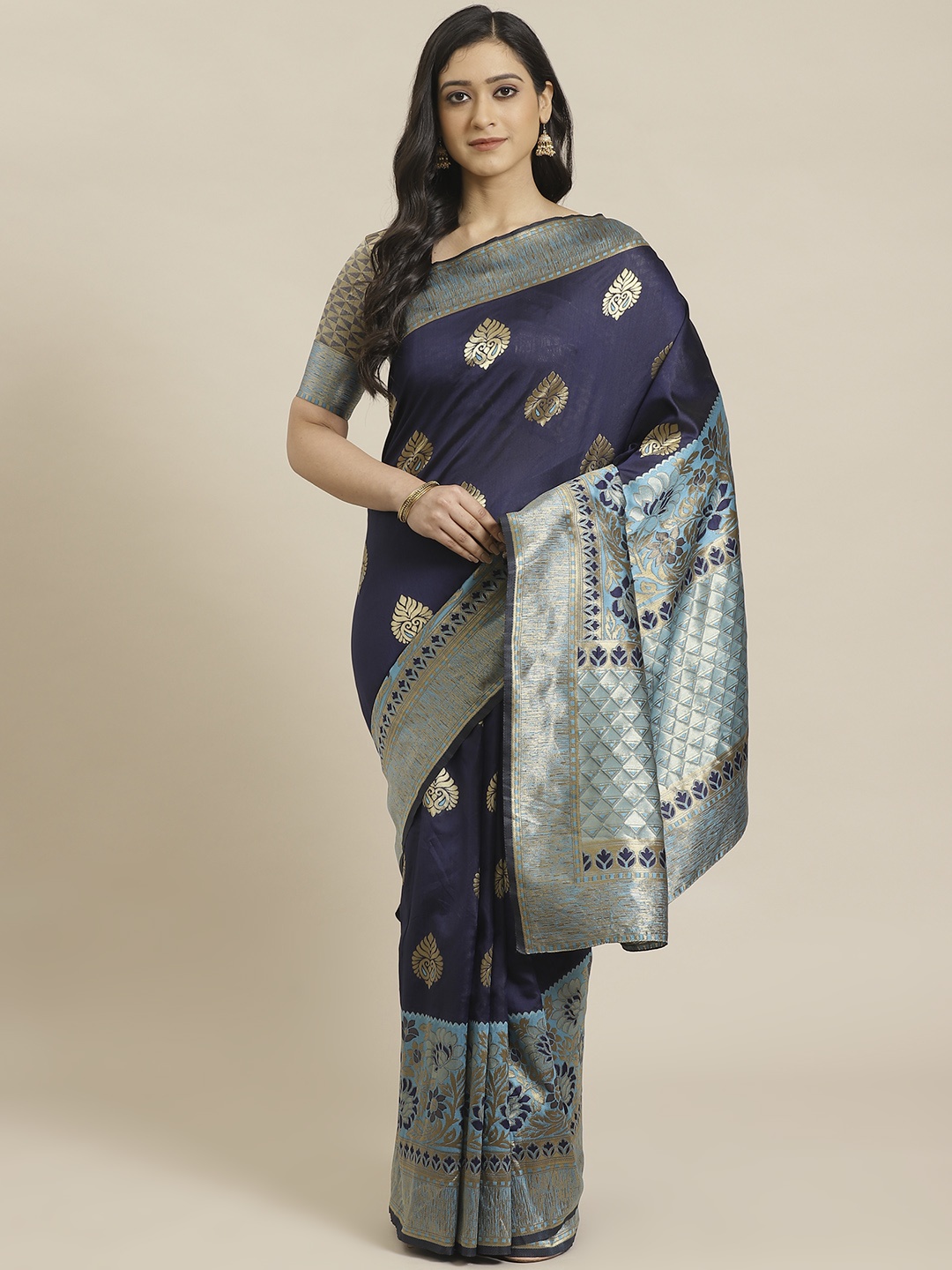 

Readiprint Fashions Navy Blue & Golden Woven Design Banarasi Saree