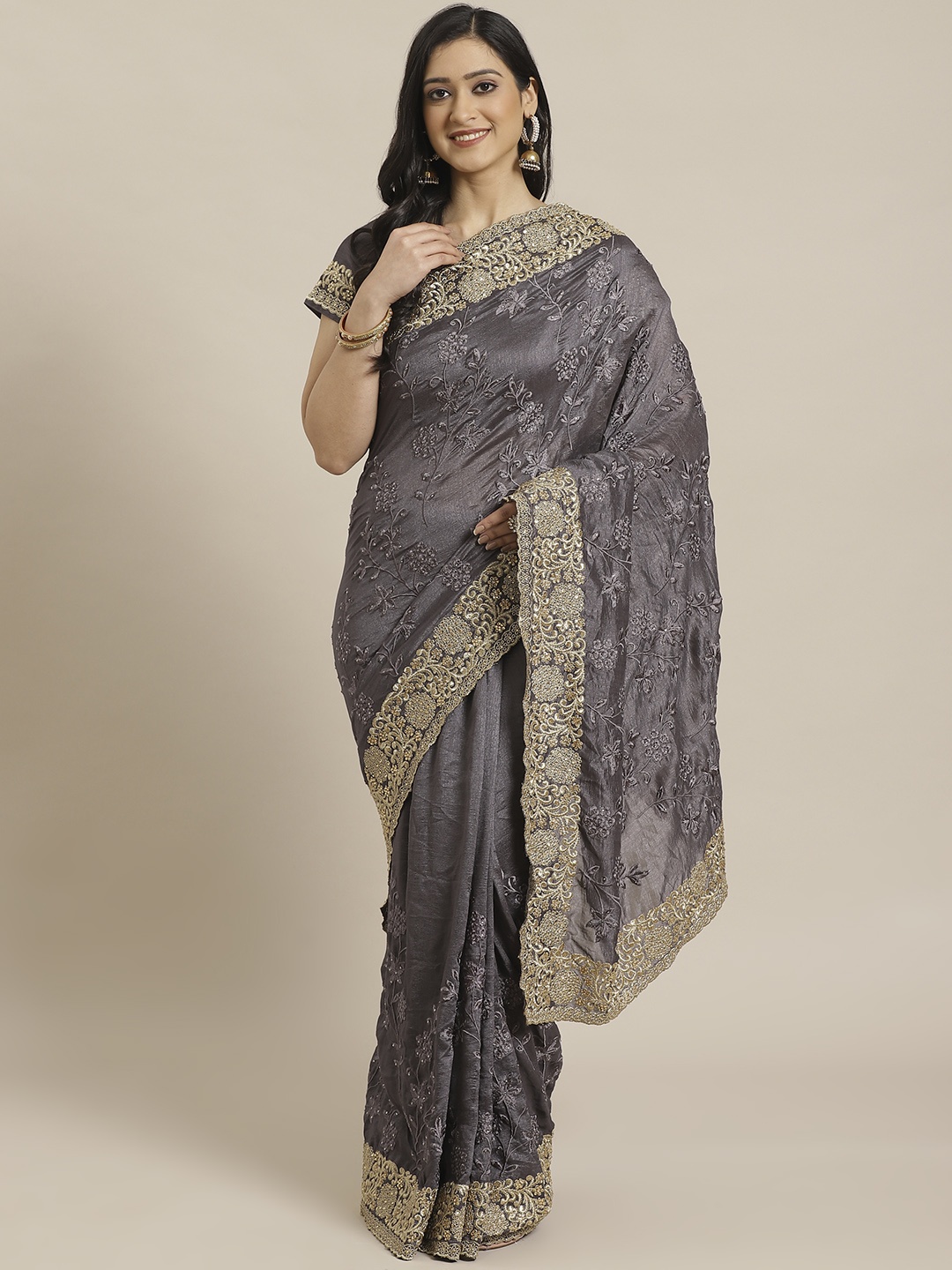 

Readiprint Fashions Charcoal Grey Embroidered Saree