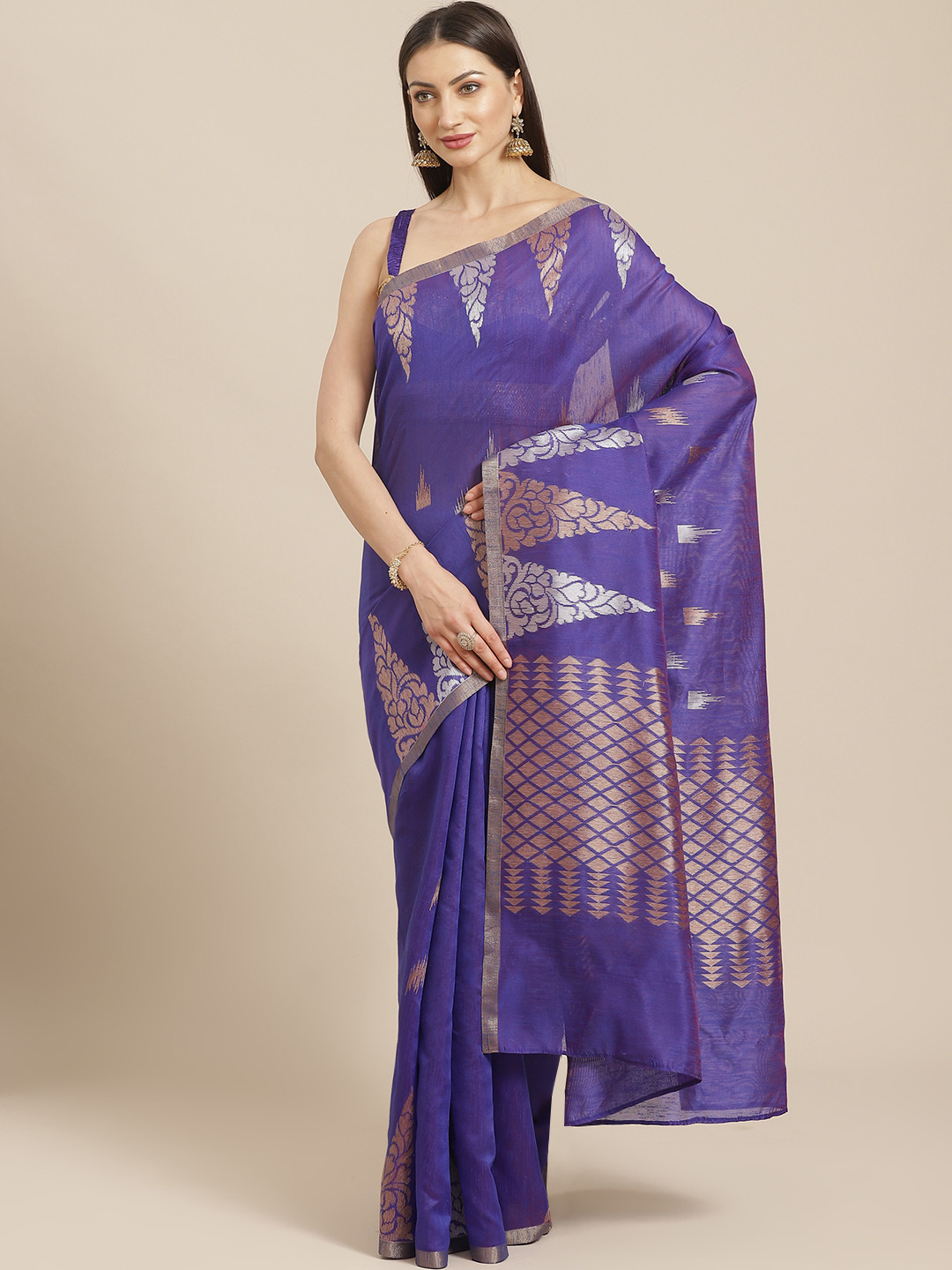

Chhabra 555 Violet & Silver Abstract Zari Woven Design Handloom Chanderi Saree