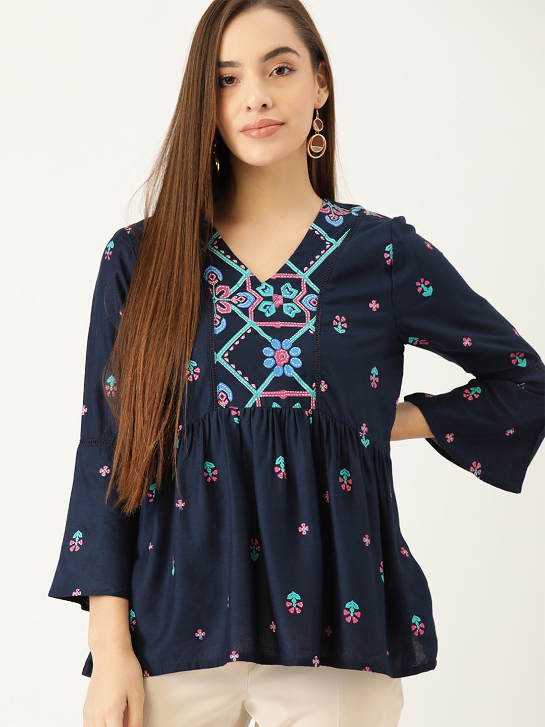 

Anouk Navy Blue Bell Sleeve A-Line Top