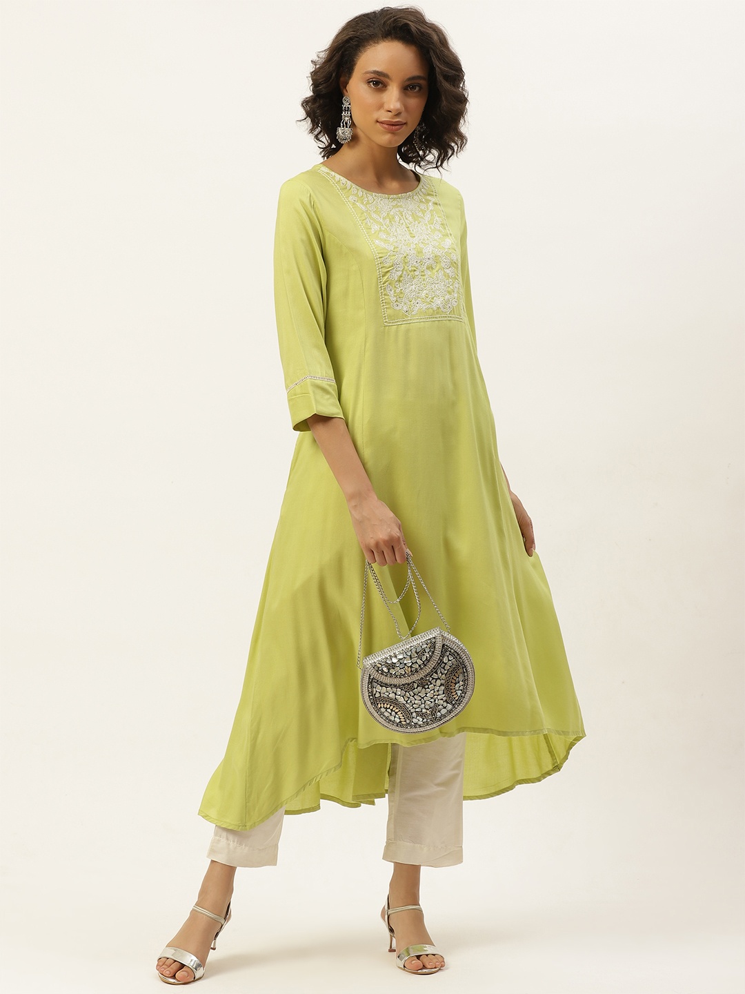 

Anouk Women Green Ethnic Motifs Yoke Design High-Low A-Line Kurta