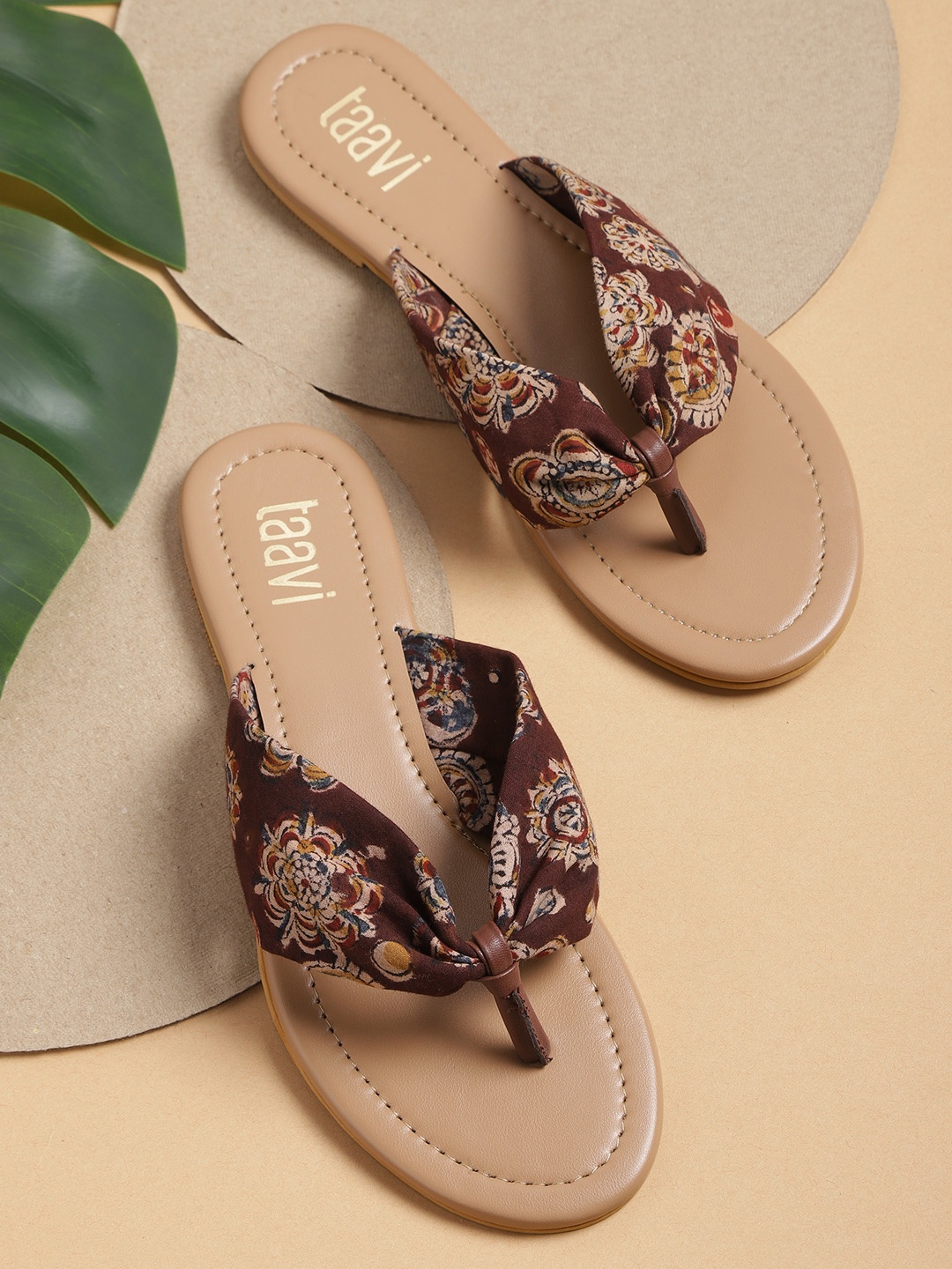

Taavi Women Coffee Brown & Beige Ethnic Motifs Print Handcrafted Open Toe Flats