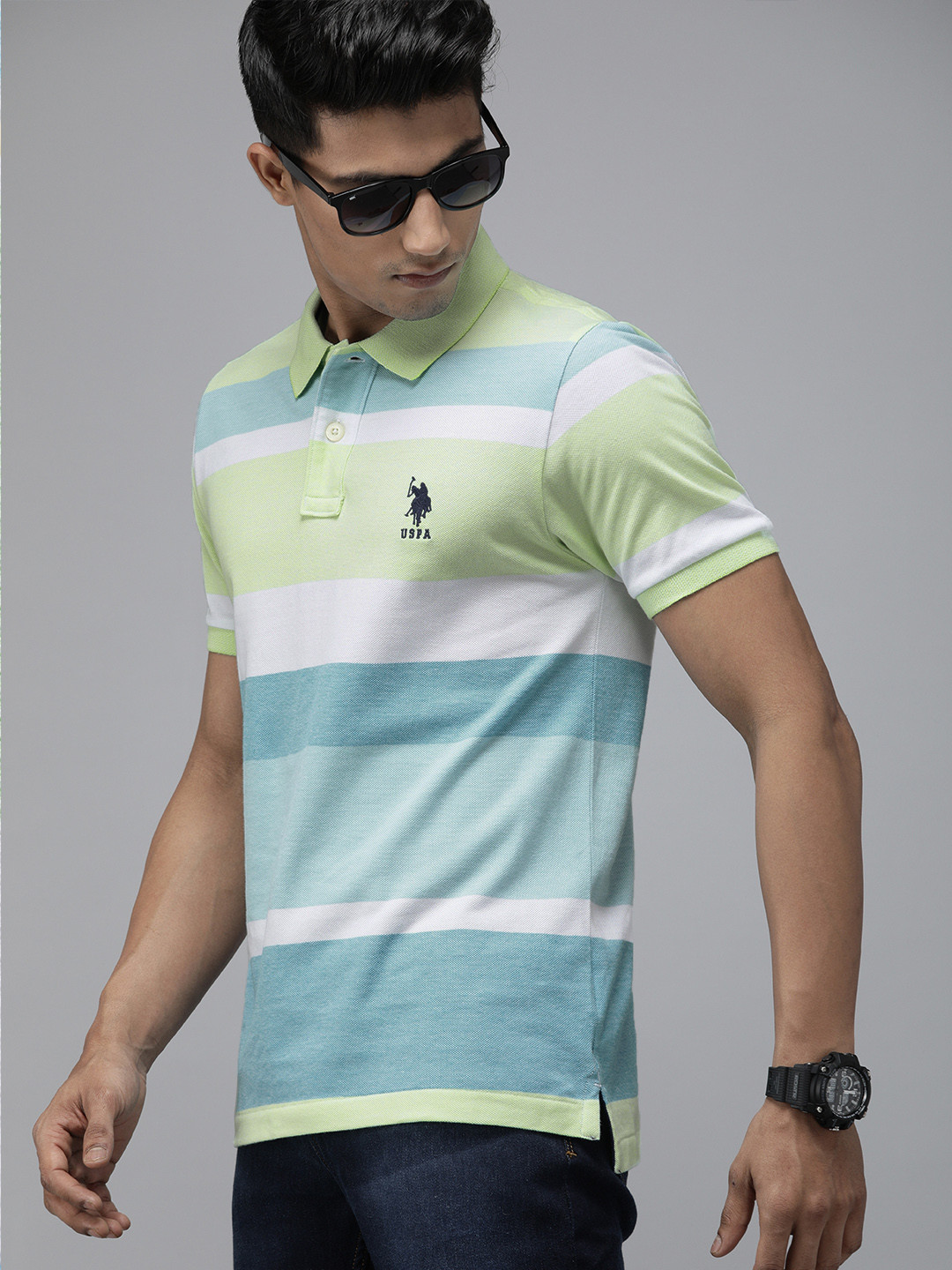 

U.S. Polo Assn. Men Blue Striped Pure Cotton Polo Collar Pure Cotton T-shirt
