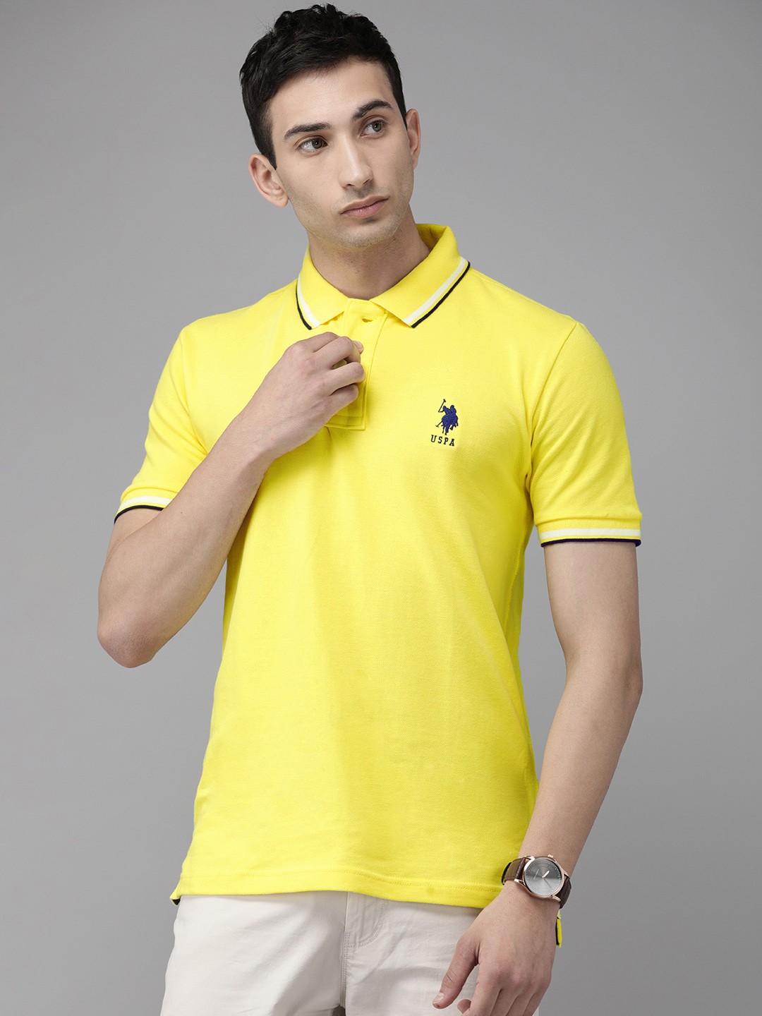 

U.S. Polo Assn. Men Yellow Solid Polo Collar Pure Cotton T-shirt With Embroidery
