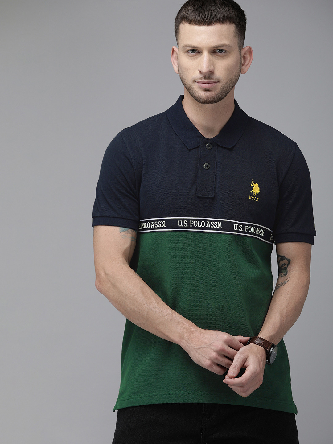 

U.S. Polo Assn. Men Navy Blue Olive Green Colourblocked Polo Collar Pure Cotton T-shirt