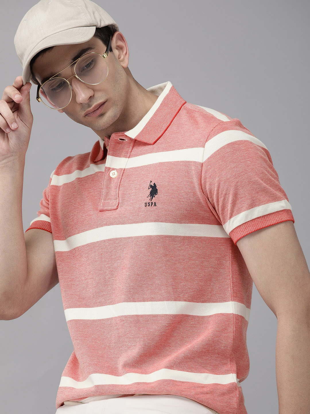 

U.S. Polo Assn. Men Coral Pink Striped Polo Collar Pure Cotton T-shirt With Embroidery